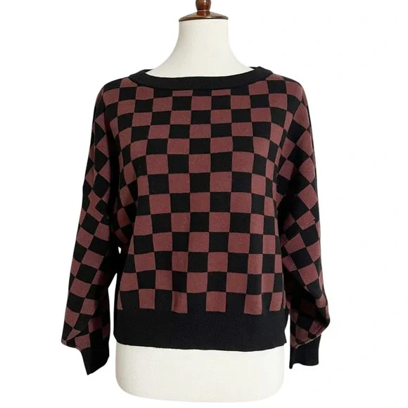 Checkered Crew Neck Sweater - Black and Brown - Picture 7 of 12